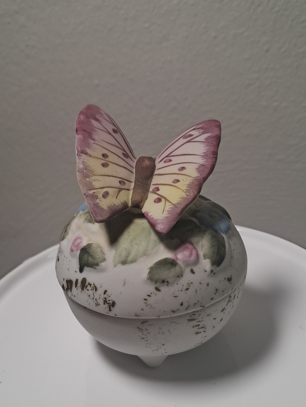 Vintage Lefton Bone China Decorative Butterfly Trinket Box - Pink and Cream